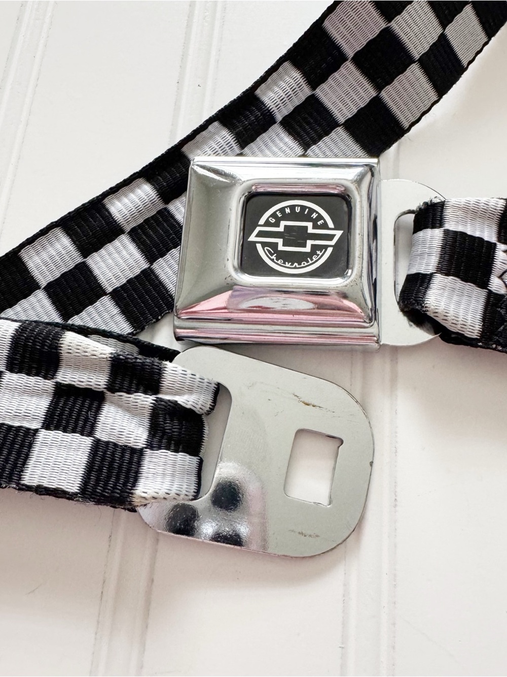 Chevy Seatbelt Belt - Checker Black/White Webbing - Picture 3 of 5